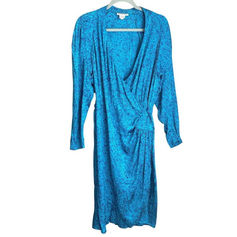 Vintage Nora Noh Women’s 14 Silk Midi Dress Blue Abstract Print Wrap Style 90s